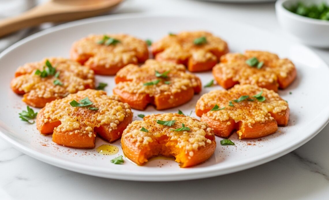 5 Tasty Reasons to Love These Crispy Smashed Carrots 1 High-Realism Focus Hyper-realistic image of smashed carrot fritters, pan-seared to crispy golden brown, served on a clean white plate. Topped with fresh parsley. Food photography with soft natural shadows and shallow depth of field. Overhead Shot Variation Overhead shot of crispy carrot bites, golden and textured, garnished with herbs, on parchment-lined plate. Natural lighting, soft food styling. Plating Emphasis Smashed roasted carrots shaped into crispy discs, with browned edges, garnished with green herbs. Natural light, neutral ceramic plate, realistic depth and detail.