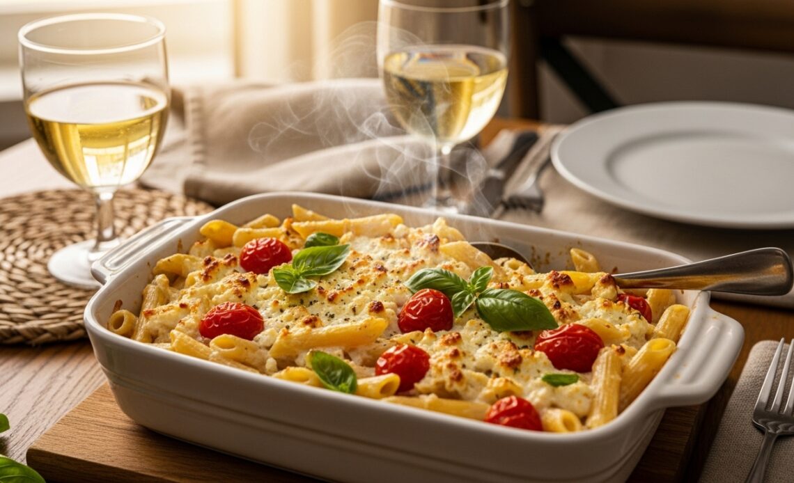 Baked Feta Pasta: The Dish I Can’t Stop Making 1 Steaming Baked Feta Pasta in a white ceramic dish, with creamy feta sauce, burst cherry tomatoes, and basil coating penne. Set on a wooden table with a glass of white wine and a napkin, bathed in soft golden sunlight