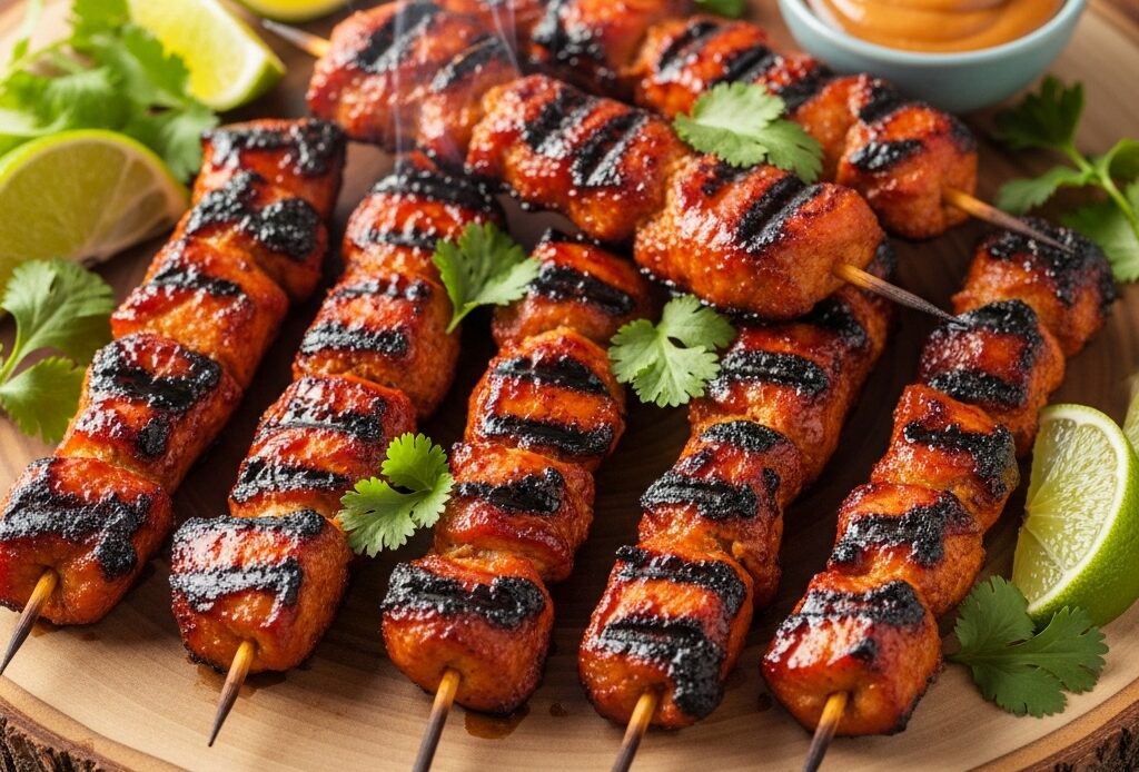 Grilled Thai Coconut Chicken Skewers 1 Grilled Thai coconut chicken skewers arranged on a rustic wooden plate