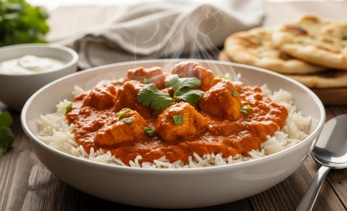 Quick & Easy Homemade Butter Chicken: My Favorite Comfort Dish 1 A steaming bowl of Quick & Easy Homemade Butter Chicken with creamy tomato sauce and cilantro, served over basmati rice. Naan and yogurt are on a wooden table, lit by soft evening sunlight, highlighting the dish’s rich, cozy vibe.