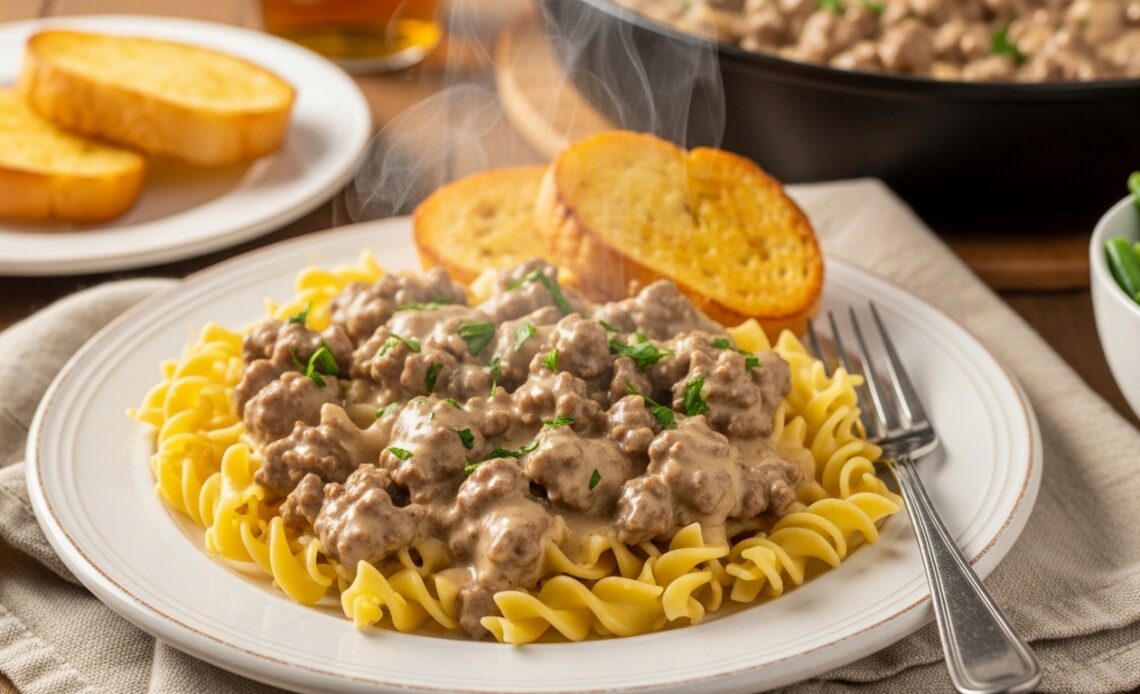 The Greatest Hamburger Stroganoff Recipe 1 Creamy hamburger stroganoff with egg noodles and parsley served on a rustic plate with garlic toast.