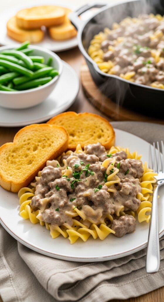The Greatest Hamburger Stroganoff Recipe 4 Flat lay of fresh ingredients for hamburger stroganoff including ground beef, noodles, spices, and sour cream on a wooden surface.