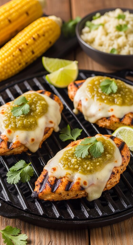 Grilled Salsa Verde Pepper Jack Chicken 4 food on a grill with limes and corn