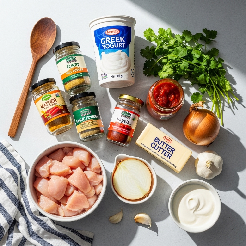 Quick & Easy Homemade Butter Chicken: My Favorite Comfort Dish 2 Overhead view of a sunlit kitchen counter with ingredients for Quick & Easy Homemade Butter Chicken: chicken, yogurt, curry powder, garlic powder, paprika, tomato sauce, butter, onion, garlic, and cilantro. A wooden spoon and cream add charm, lit by bright morning light.