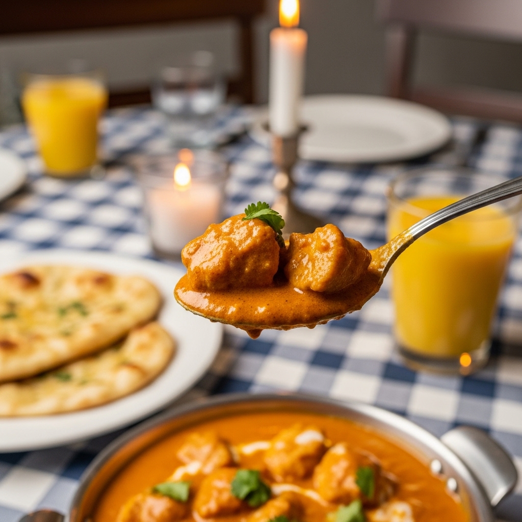 Quick & Easy Homemade Butter Chicken: My Favorite Comfort Dish 3 A spoonful of Quick & Easy Homemade Butter Chicken with creamy sauce and cilantro, held over a checkered tablecloth. Naan and mango lassi are in the blurred background, lit by warm candlelight for a cozy, family-dinner feel.