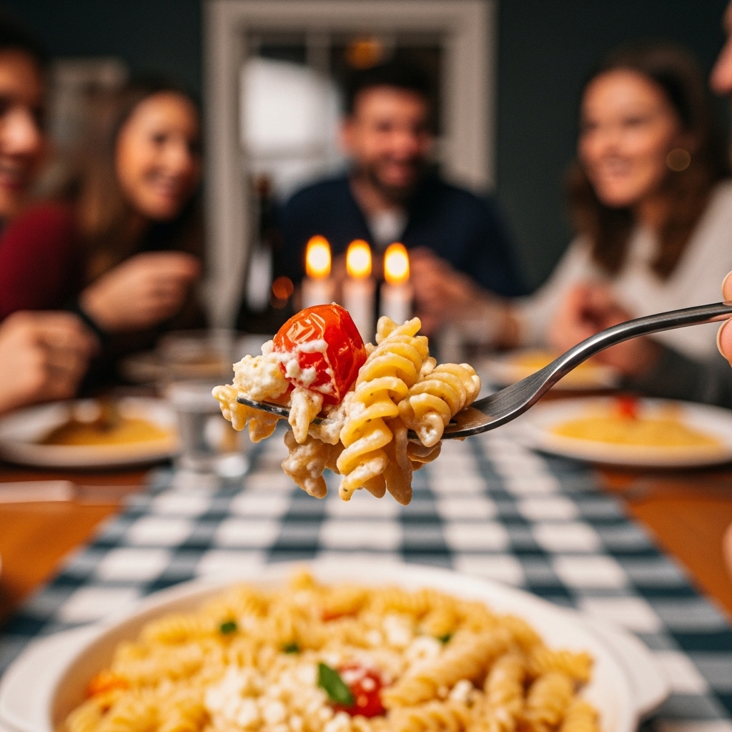 Baked Feta Pasta: The Dish I Can’t Stop Making 2 Close-up of a fork twirling Baked Feta Pasta with creamy feta sauce and a burst cherry tomato on rotini, on a checkered tablecloth. Friends laughing in the blurred background are lit by warm candlelight, creating a cozy, communal scene