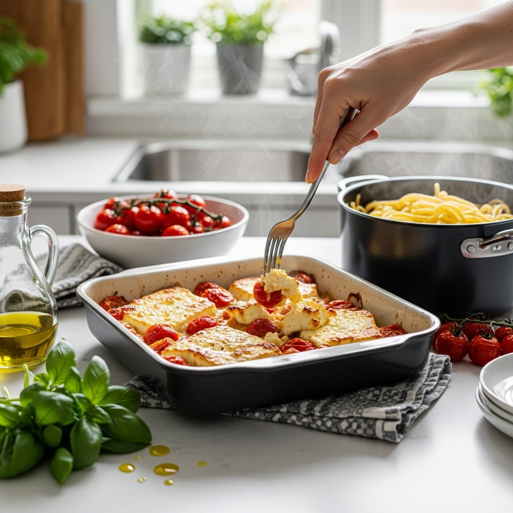 Baked Feta Pasta: The Dish I Can’t Stop Making 3 Overhead view of a sunlit kitchen counter with Baked Feta Pasta ingredients: feta block, cherry tomatoes, olive oil, garlic, oregano, red pepper flakes, and basil. A wooden cutting board and measuring spoon add charm, lit by bright morning light