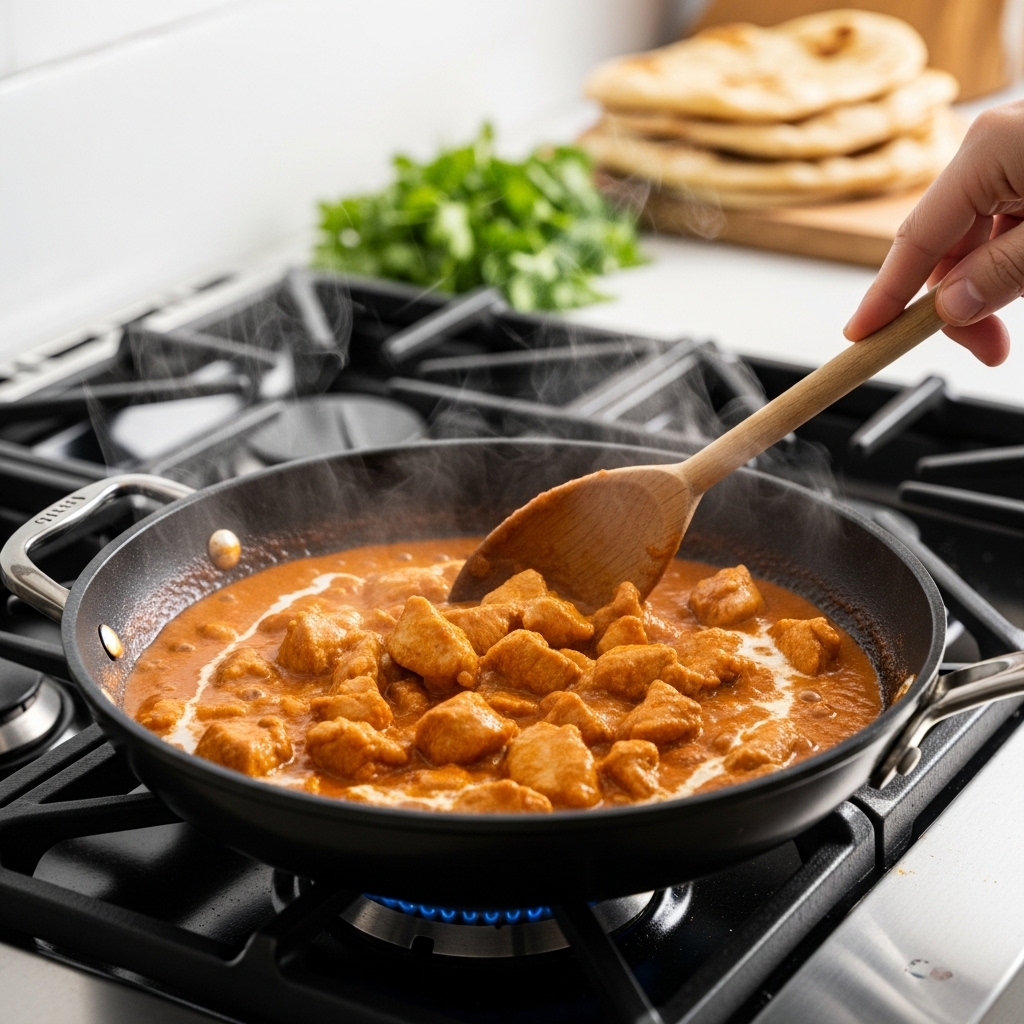 Quick & Easy Homemade Butter Chicken: My Favorite Comfort Dish 4 Leftover Quick & Easy Homemade Butter Chicken in a glass container, with a skillet reheating a portion, steam rising. Peas and coconut milk are nearby, set in a cozy Southern kitchen with mason jars and a linen napkin, lit by soft afternoon light.