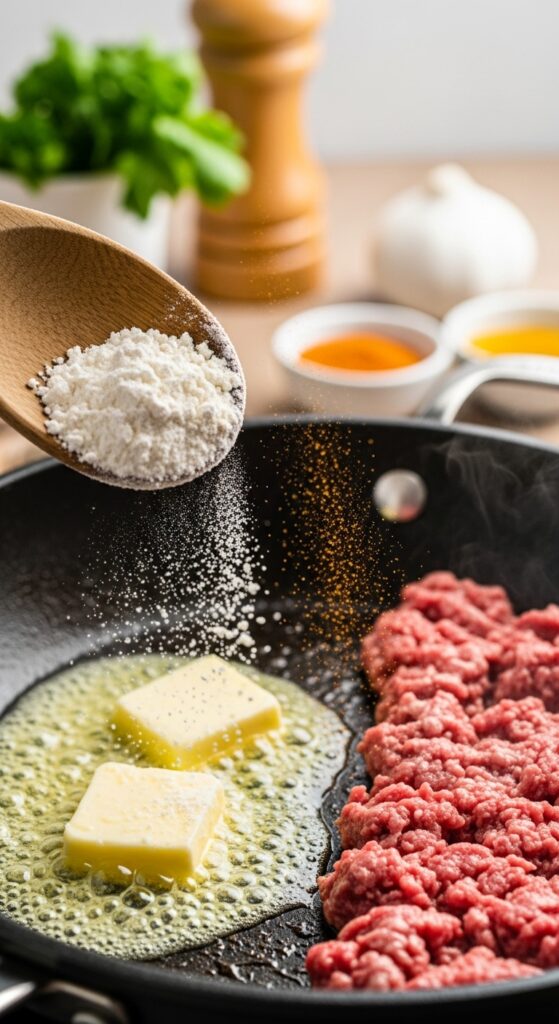 The Greatest Hamburger Stroganoff Recipe 2 Ground beef browning in a skillet with visible seasoning and steam rising during cooking.