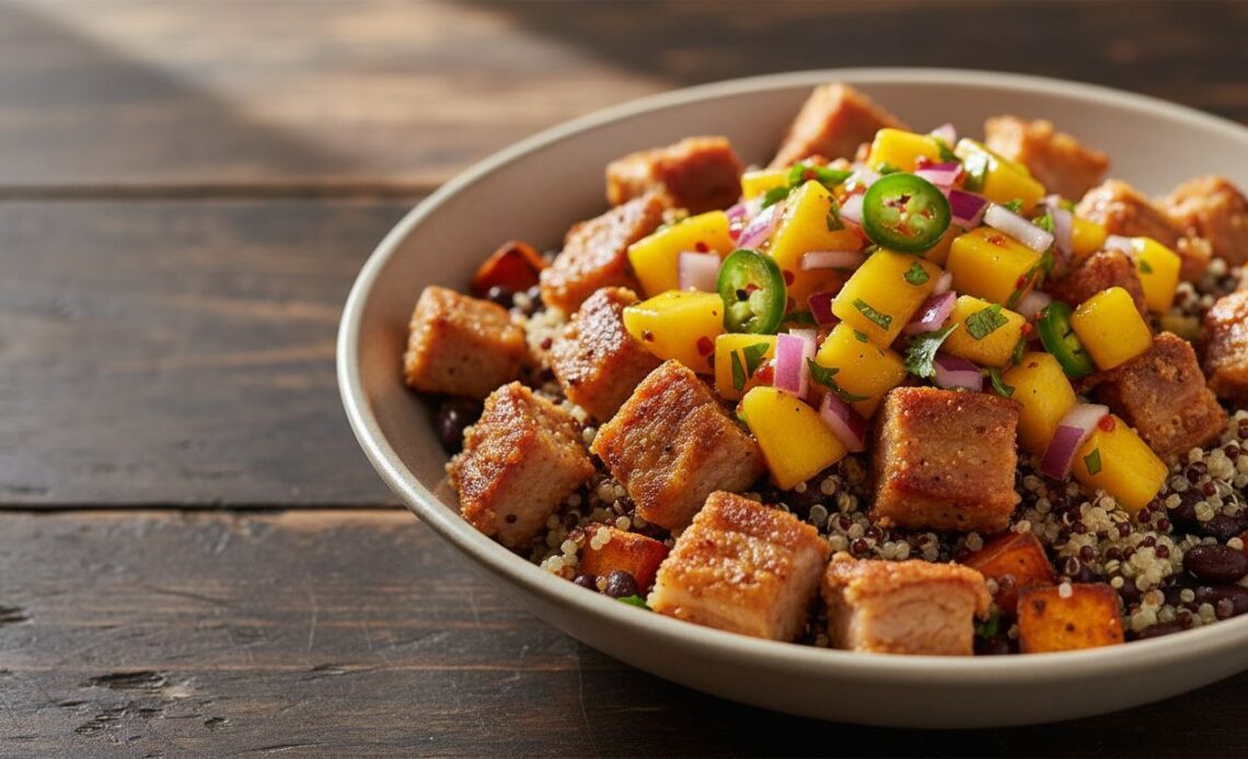 crispy pork carnitas power bowl spicy mango salsa featured