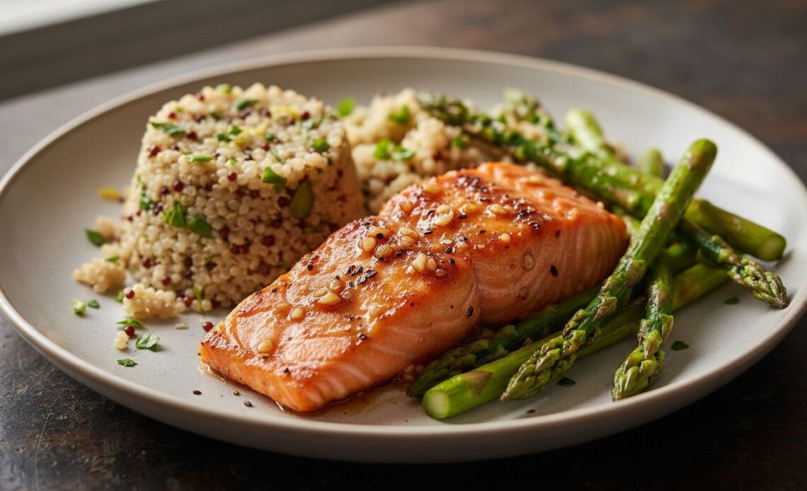 fiery honey garlic salmon quinoa asparagus recipe featured