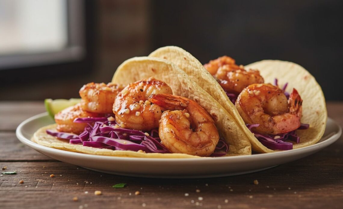fiery honey garlic shrimp tacos avocado crema featured