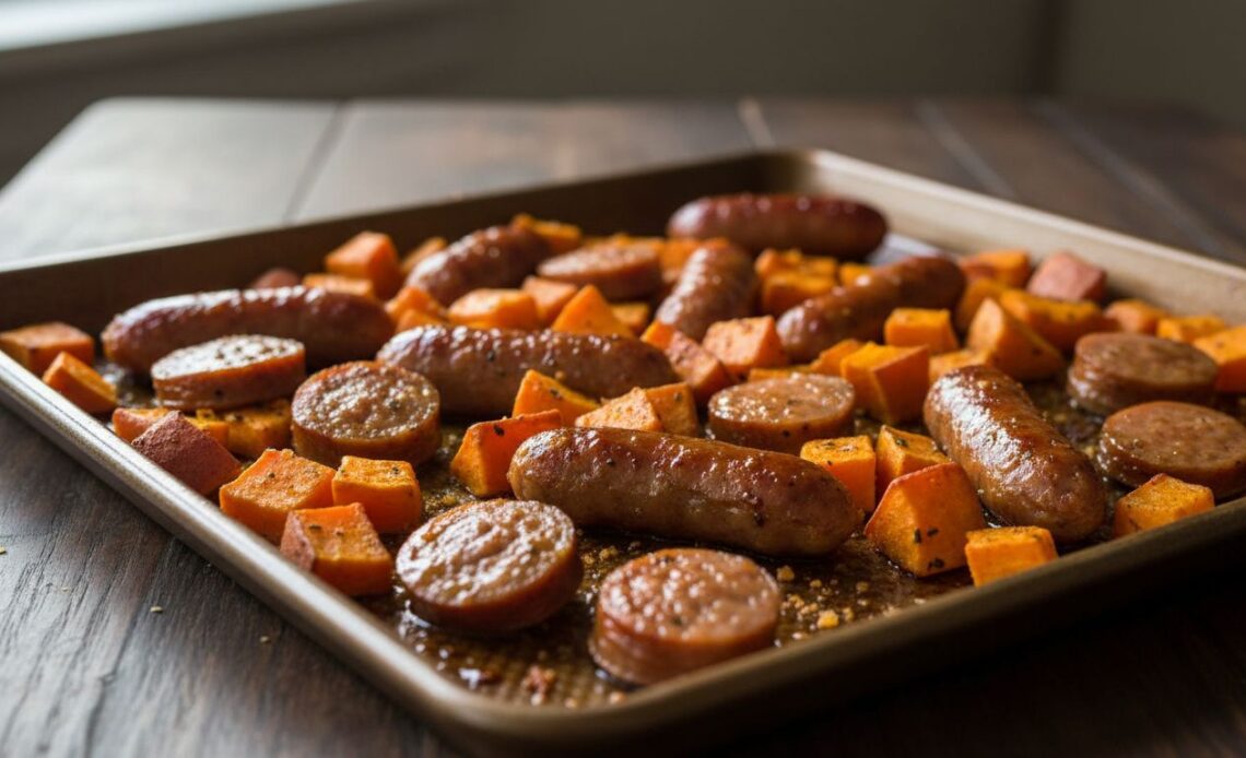 hot honey lemon sausage sweet potato sheet pan featured