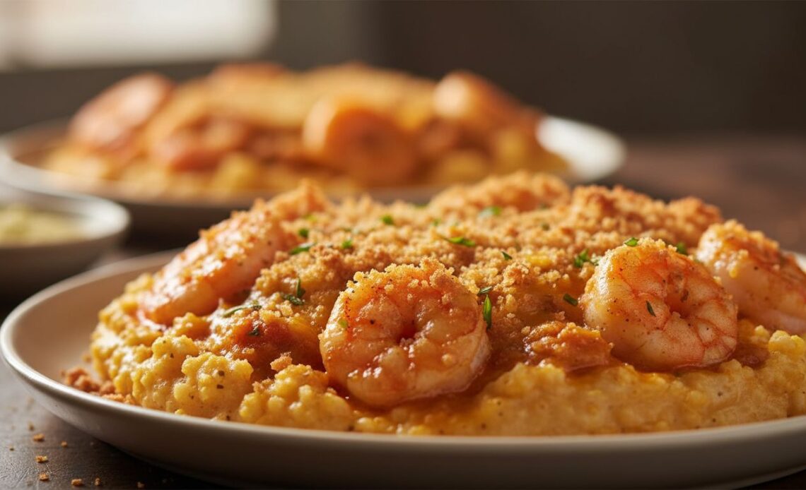 smoky chipotle shrimp cheddar grits bake featured