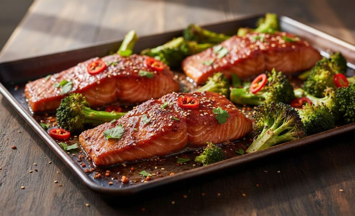 spicy gochujang honey salmon broccoli sheet pan featured