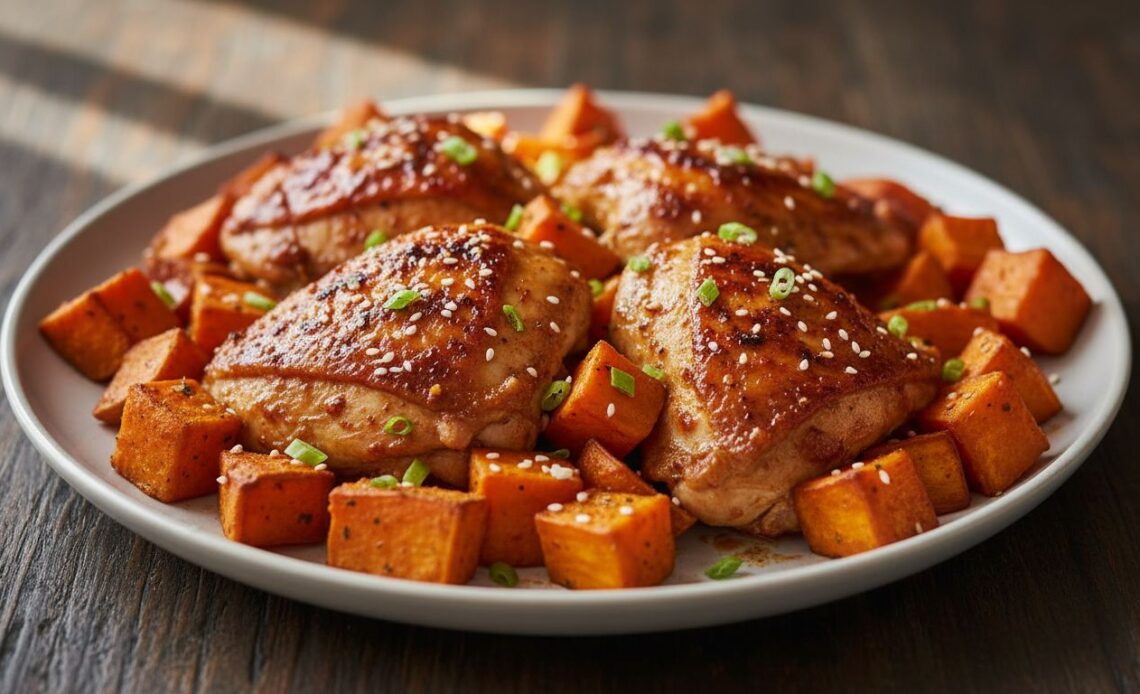 spicy gochujang honey sheet pan chicken sweet potatoes featured