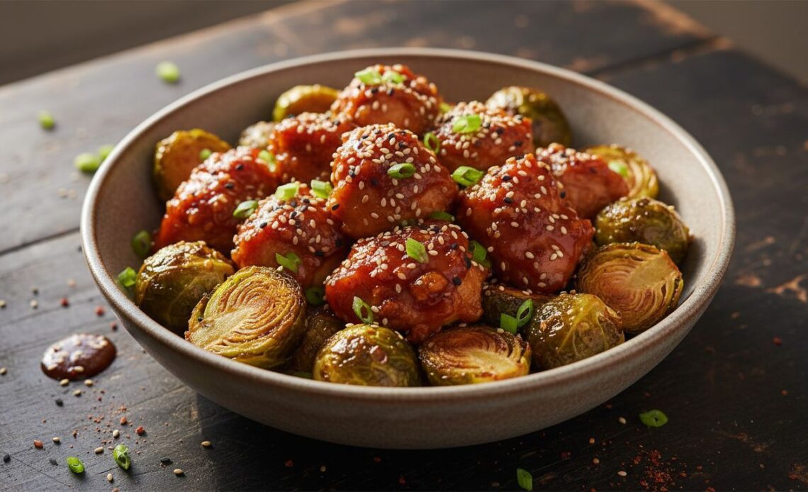 sticky gochujang honey garlic chicken crispy brussels bowl featured