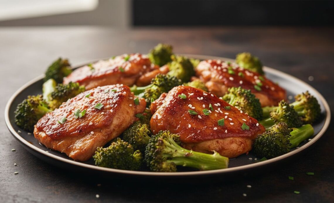 sticky gochujang sheet pan chicken broccoli featured