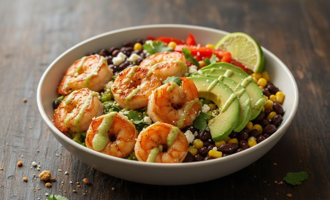 zesty chili lime shrimp avocado power bowls featured