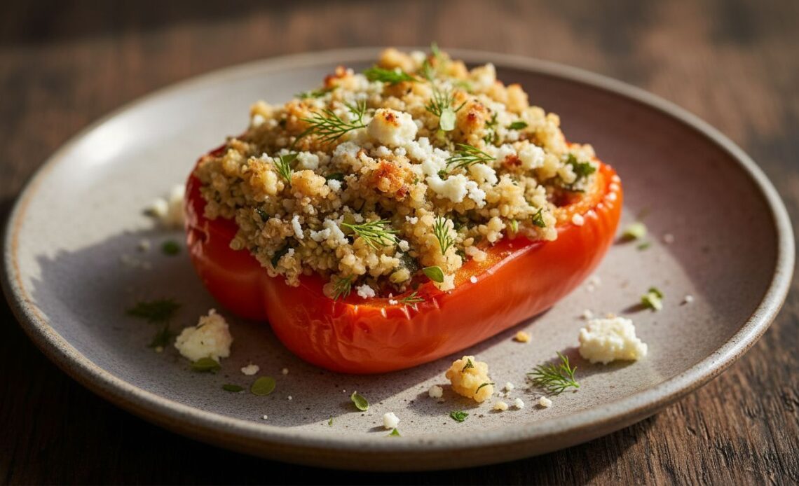 creamy lemon herb feta quinoa stuffed peppers featured