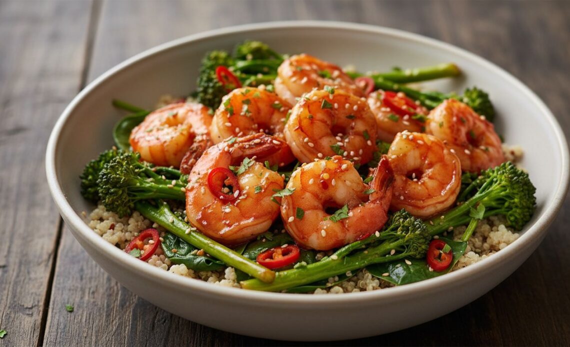 fiery honey garlic shrimp broccolini power bowl featured