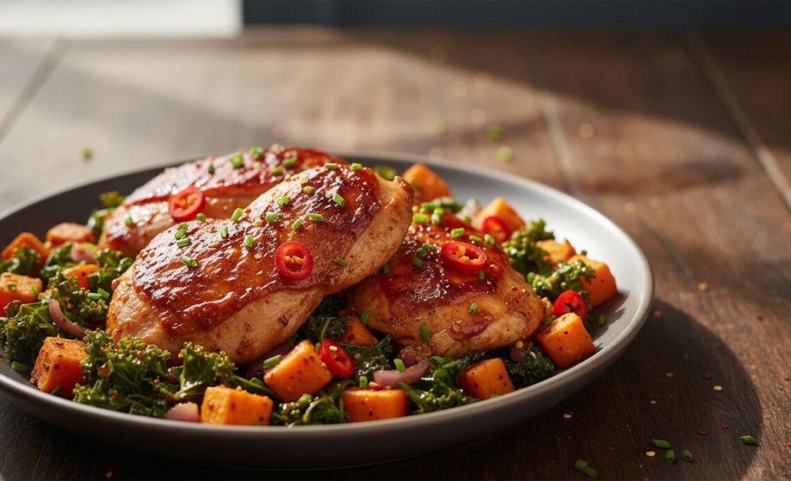 fiery maple glazed chicken sweet potato kale hash featured