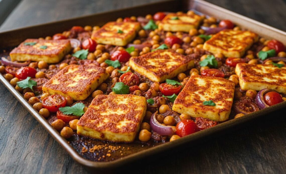 spicy harissa halloumi chickpea sheet pan dinner featured