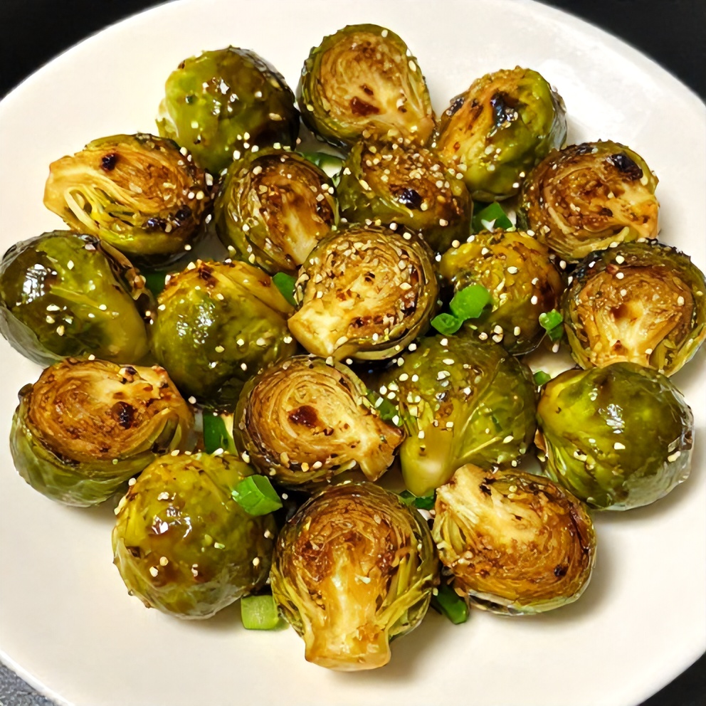 Plated Air Fryer Brussels Sprouts with Honey and Spice