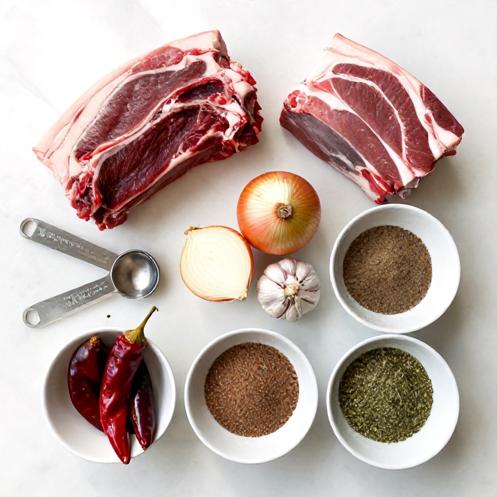 Raw ingredients for Pot Birria Tacos arranged in a flat lay