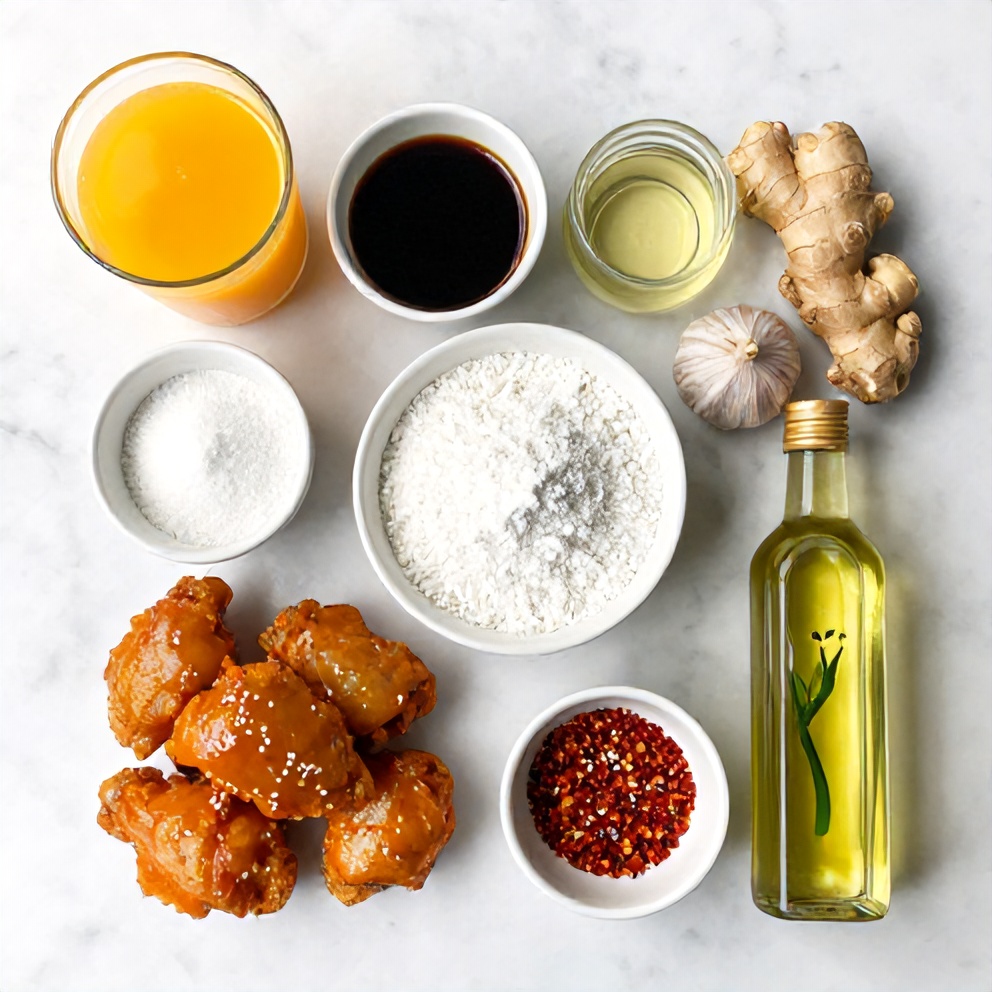 Raw ingredients for orange chicken: chicken, orange juice, soy sauce, garlic, ginger, cornstarch, sugar, green onions, sesame seeds
