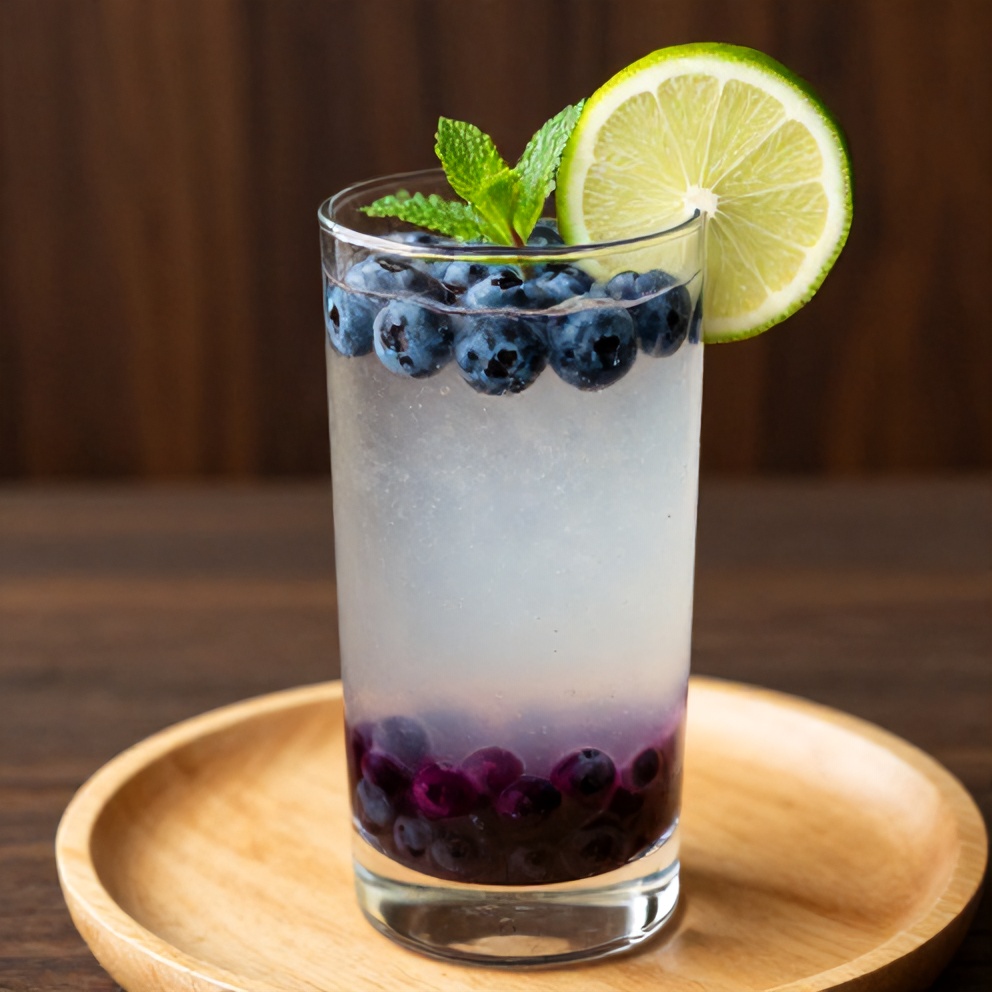 Blueberry Coconut Water Drink garnished with lime and mint