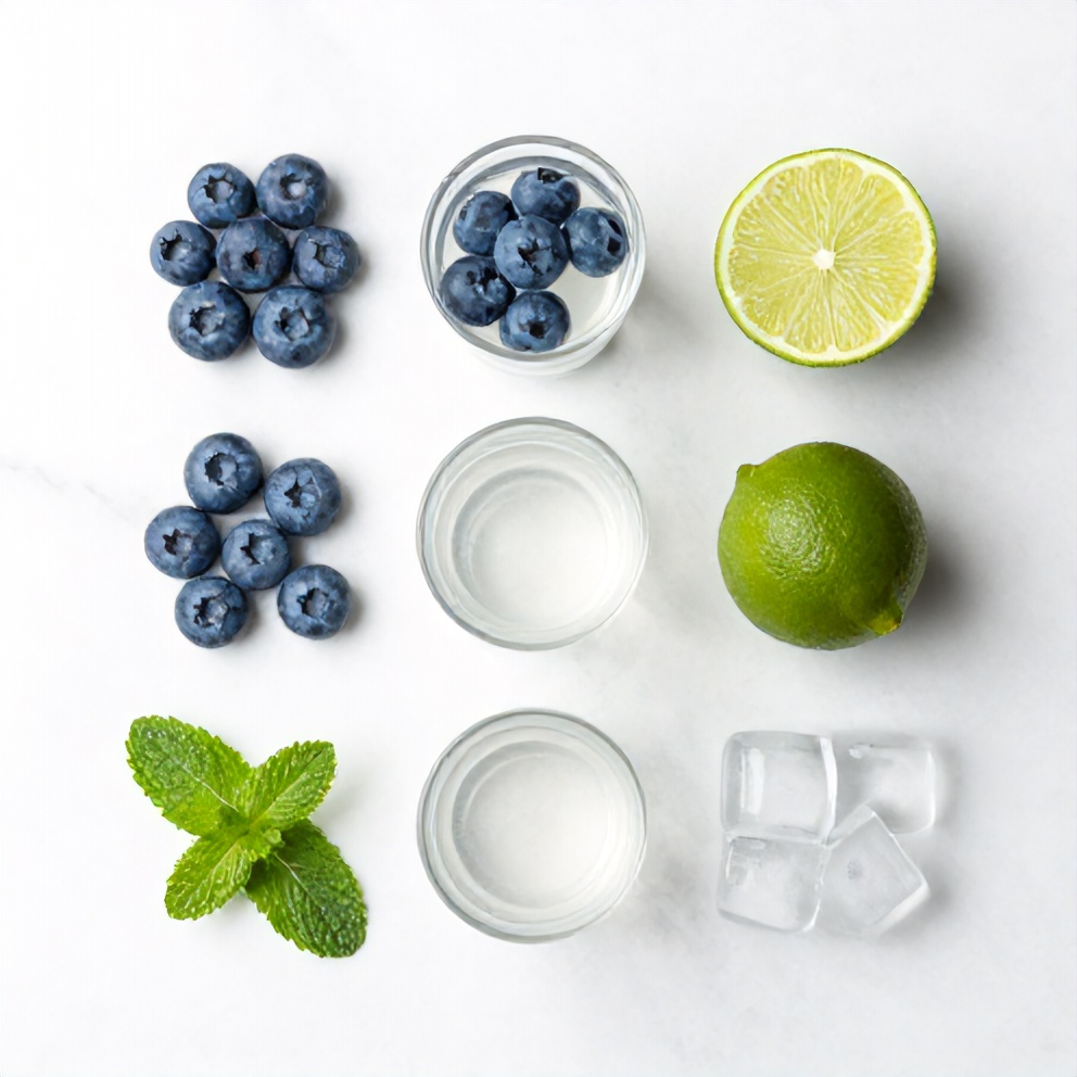 Blueberries, coconut water, lime, mint, and ice