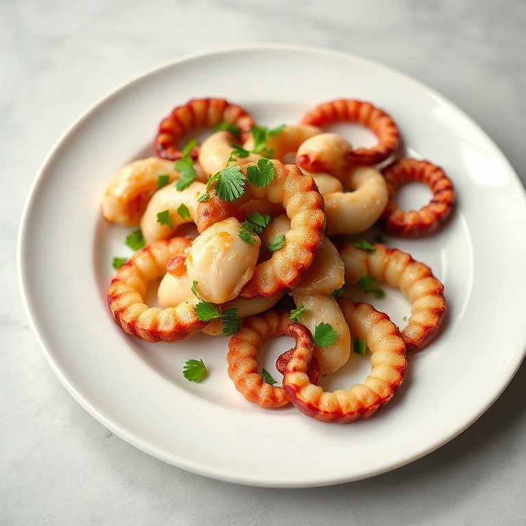 Single plate of boiled octopus garnished with fresh parsley on a white ceramic plate with warm side lighting highlighting texture