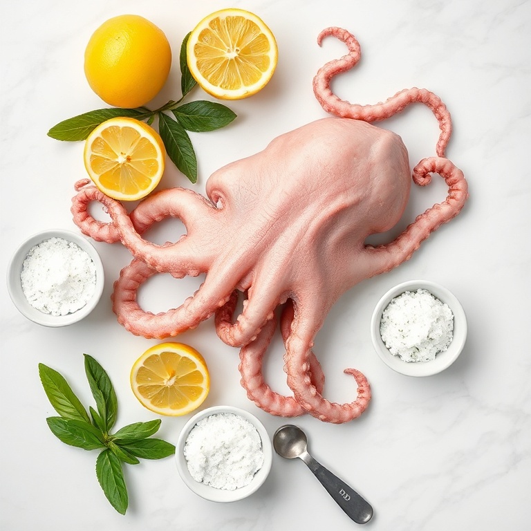 Overhead flat lay of raw octopus, lemon, bay leaves, garlic cloves, and coarse salt with small prep bowls on white marble surface