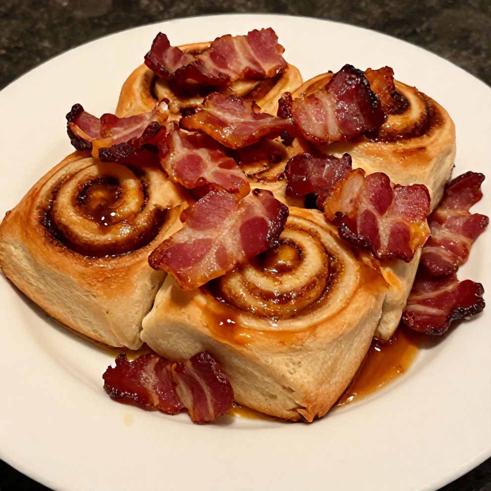 Plated Bourbon Maple Bacon Cinnamon Rolls with Candied Bacon