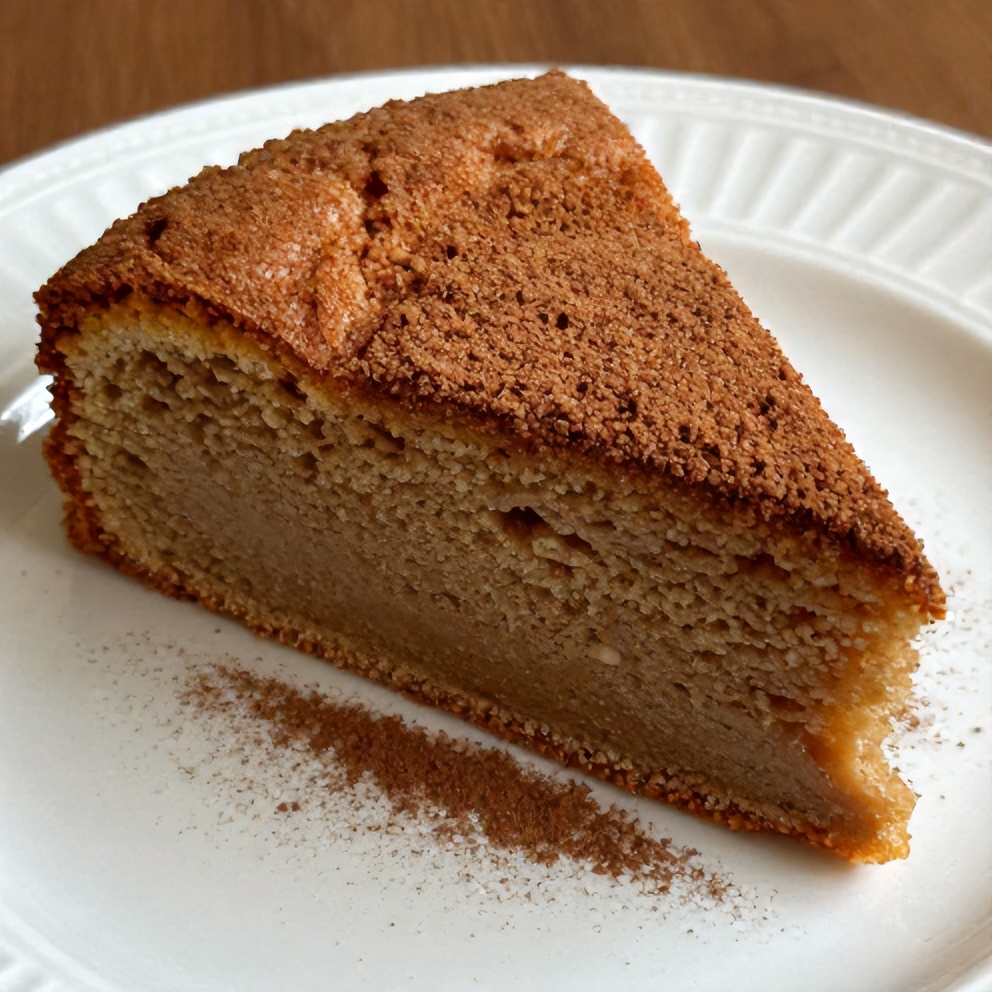 A plated slice of brown sugar chai cake garnished with cinnamon powder
