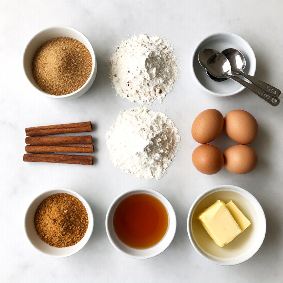 Raw ingredients for brown sugar chai cake including brown sugar, flour, eggs, butter, and spices