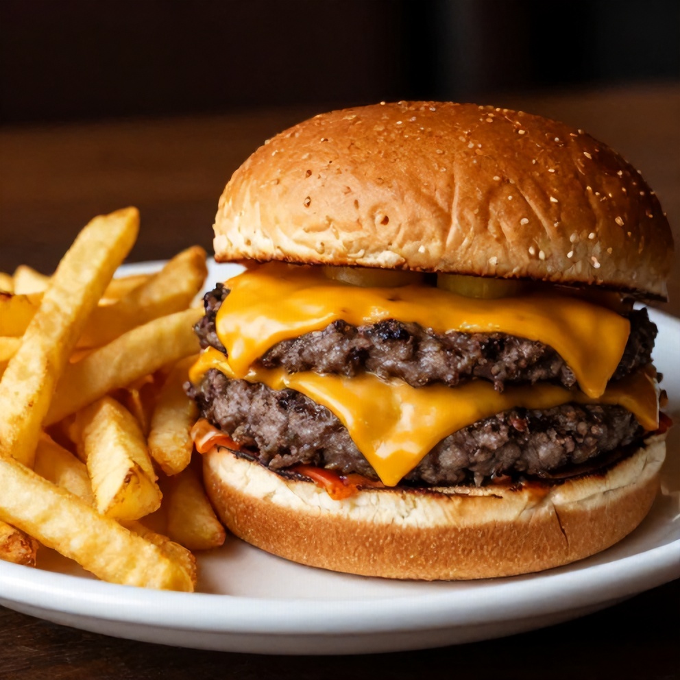 Plated Cheddar Jalapeño Burger with a side of fries