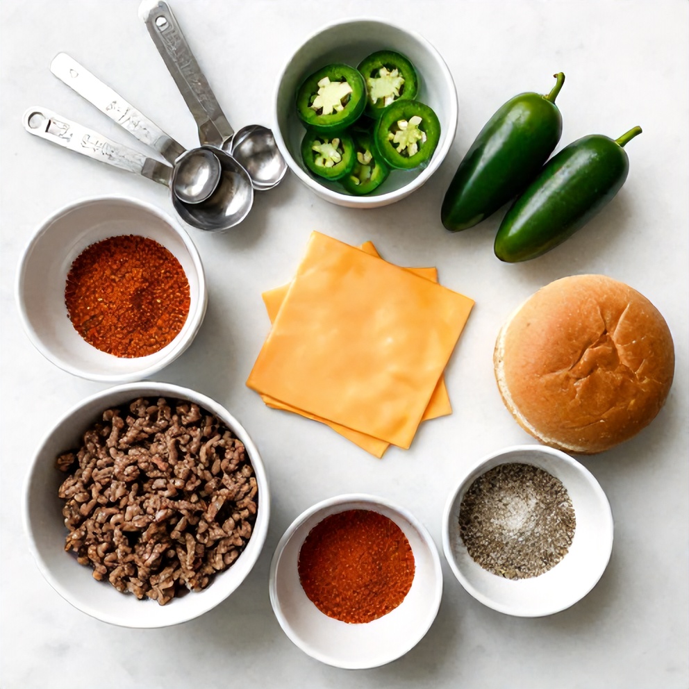Raw ingredients for Cheddar Jalapeño Burgers: ground beef, cheddar cheese, jalapeños, bun, and seasonings