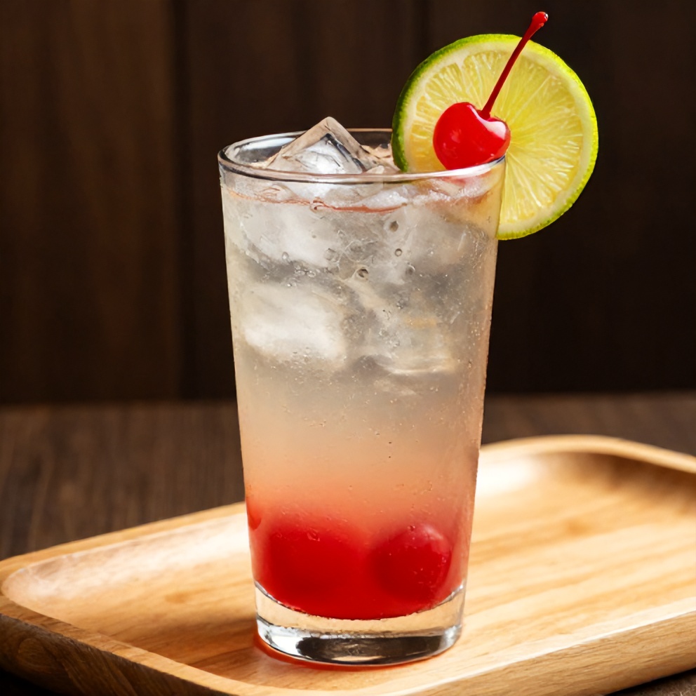 Glass of cherry limeade with ice, garnished with a lime wheel and cherry