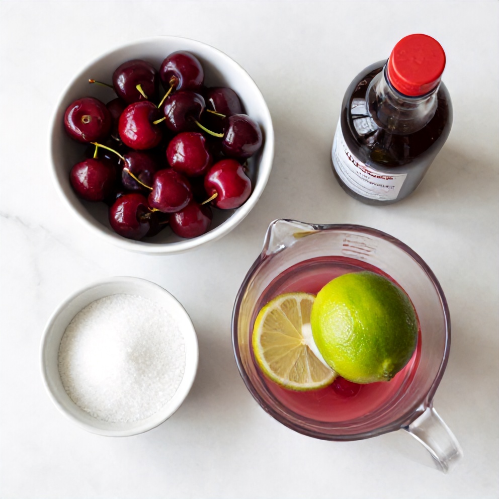 Ingredients for cherry limeade including cherries, lime, sugar, and grenadine