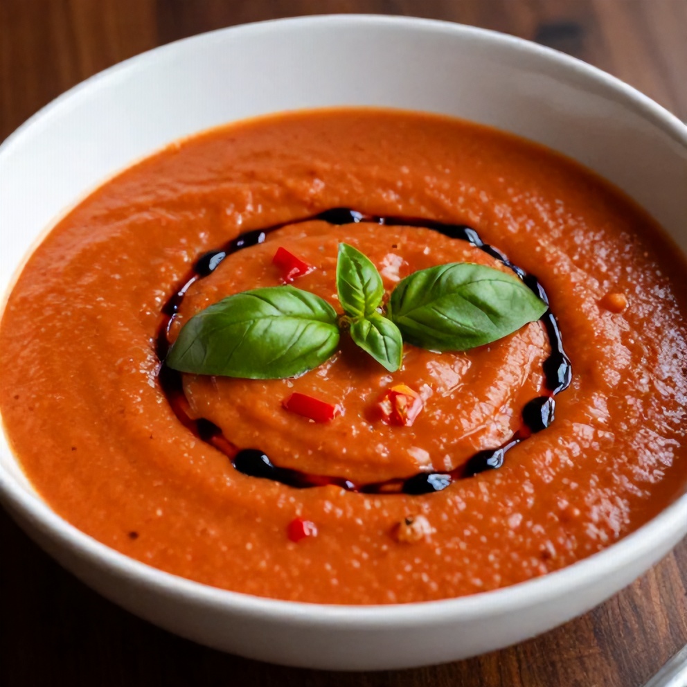 Plated Chilled Mediterranean Tomato and Roasted Pepper Soup