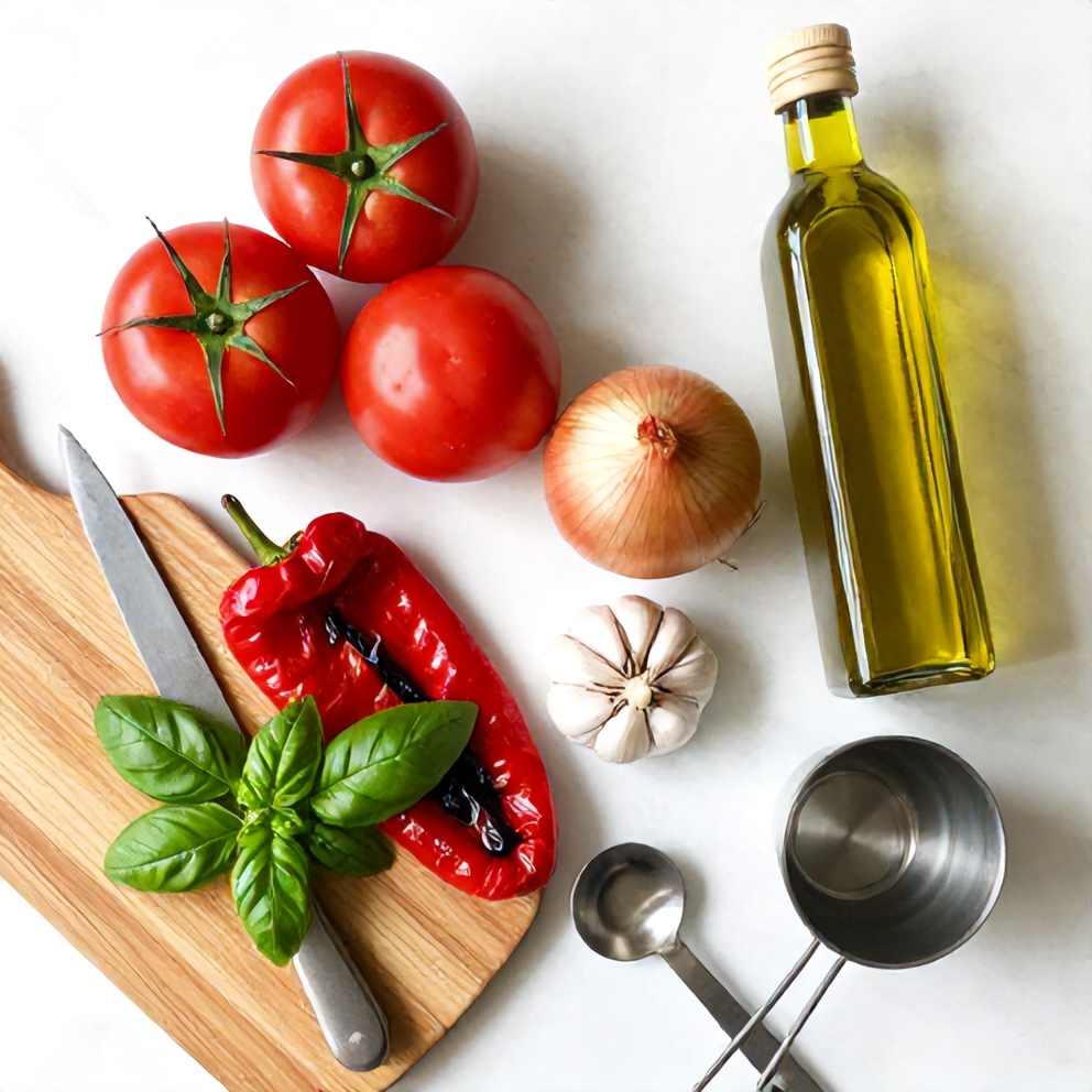 Raw Ingredients for Chilled Mediterranean Tomato and Roasted Pepper Soup