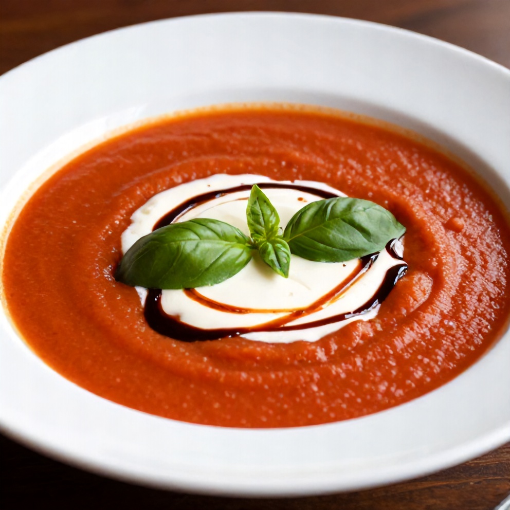 Plated Chilled Roasted Tomato Basil Soup with Coconut Cream