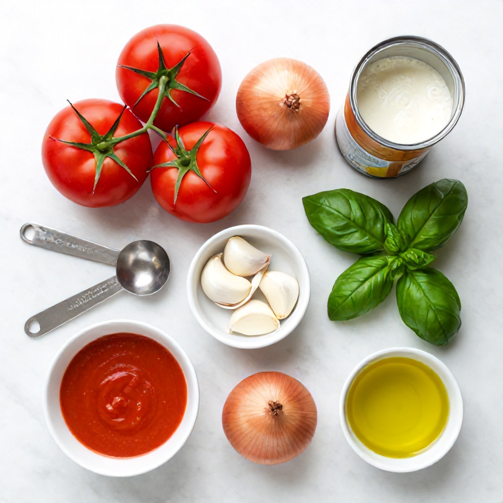 Raw ingredients for Chilled Roasted Tomato Basil Soup