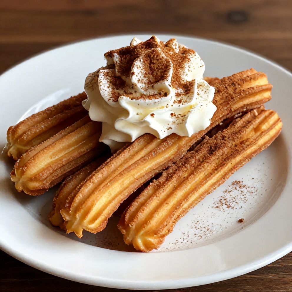 Plated cinnamon sugar churro pancakes with whipped cream and a sprinkle of cinnamon