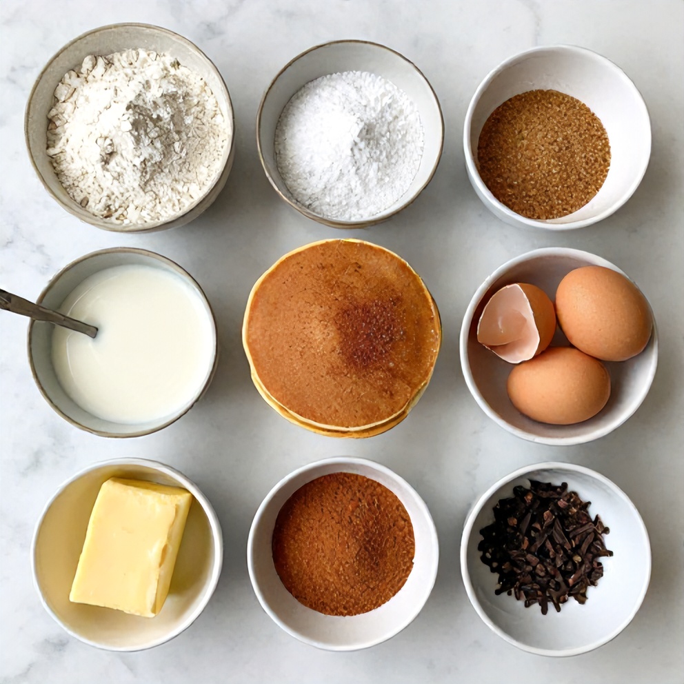 Raw ingredients for cinnamon sugar churro pancakes on a marble surface