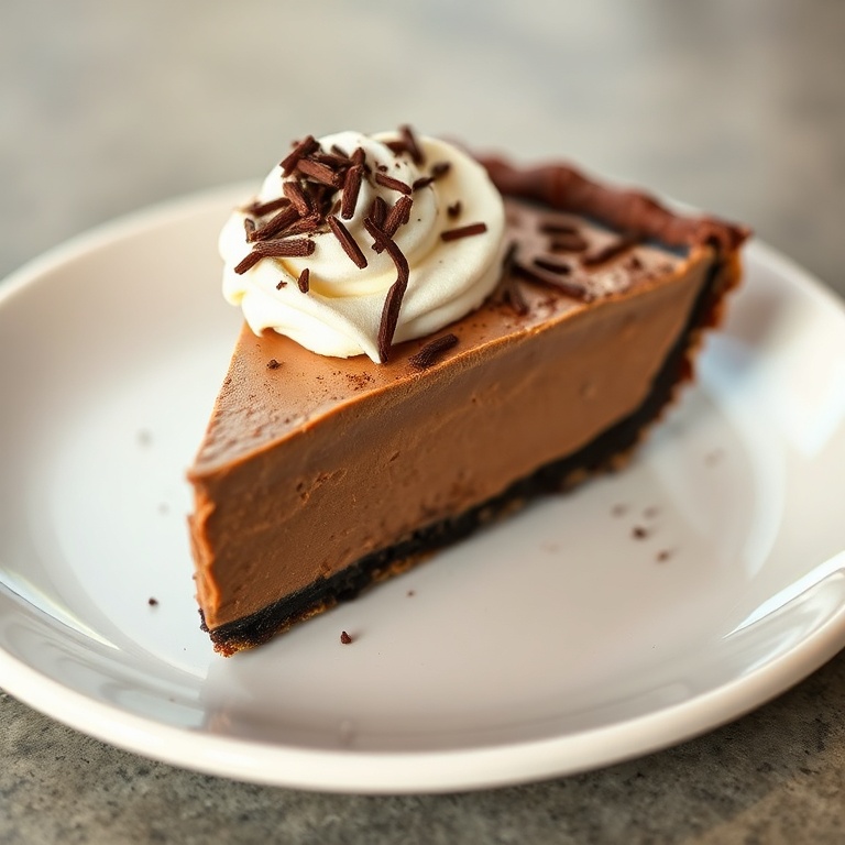 One slice of chocolate cream pie topped with whipped cream on a white plate garnished with chocolate shavings