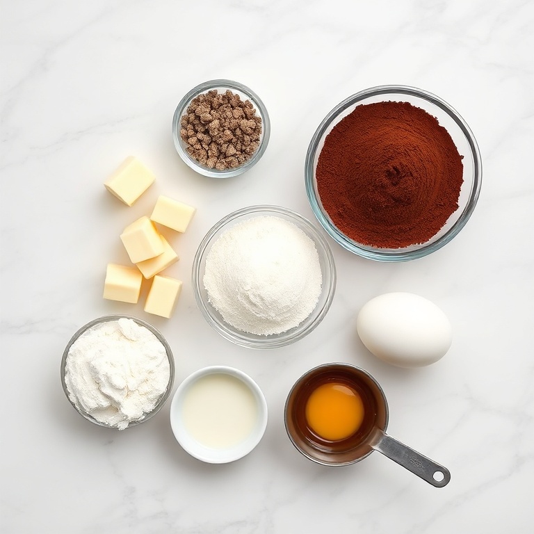 Flat lay of raw ingredients including chocolate, eggs, butter, sugar, and cream with measuring spoons on white marble surface