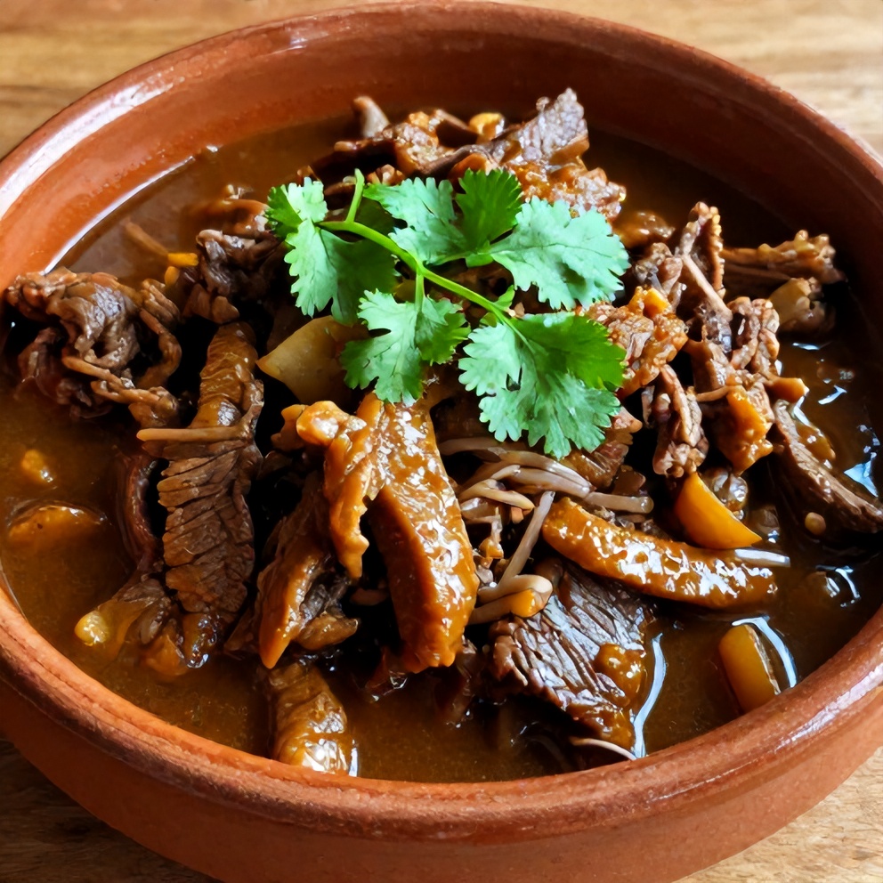 Plated classic Cuban ropa vieja in a shallow rustic terracotta bowl, topped with fresh cilantro leaves, served with a side of white rice, warm side lighting highlighting glossy sauce and tender beef shreds, photorealistic food photography.